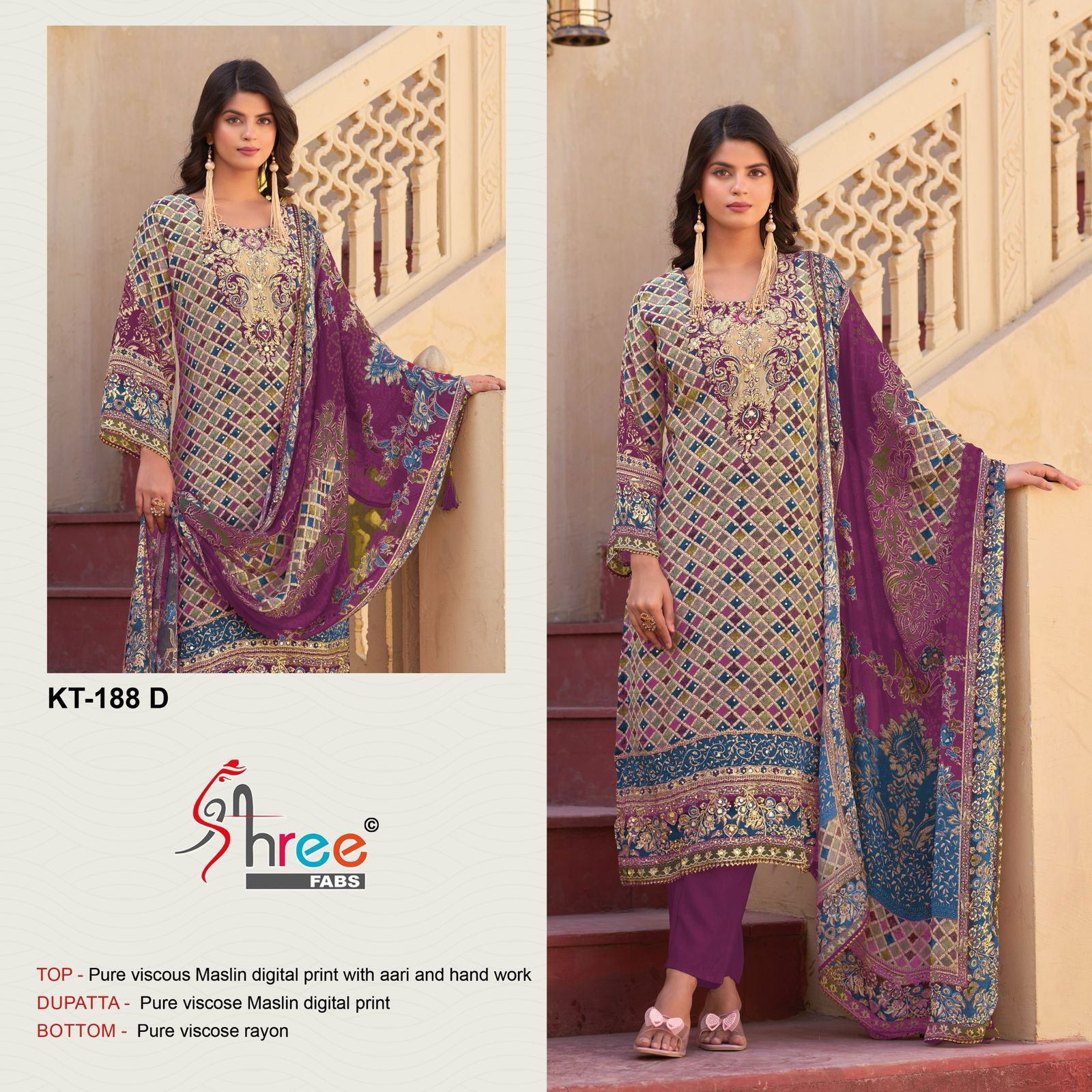 Kt 188 by Shree Viscose Maslin Digital Printed Salwar Suits Exporters In India